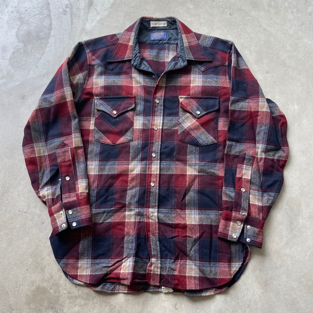 Pendleton High Grade Western Wear Red Plaid Wool Pearl Snap Flannel Shirt Mens L